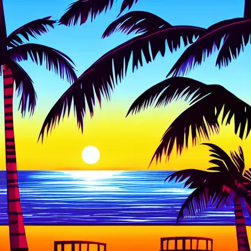 Image similar to gorgeous romantic sunset, cliffside onlooking the beautiful city of miami, warm colors, tropical, in the style of hiroshi nagai, very detailed, tropical, 8 0 s