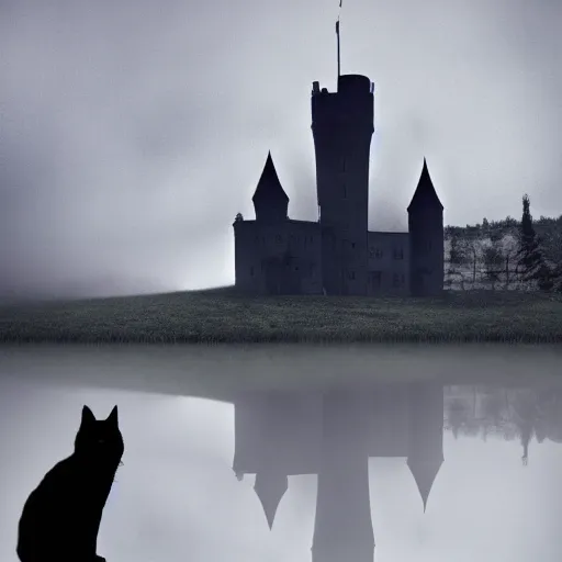 Image similar to a dark vallcy with a huge gloomy castle, fog. a little boy and a black cat