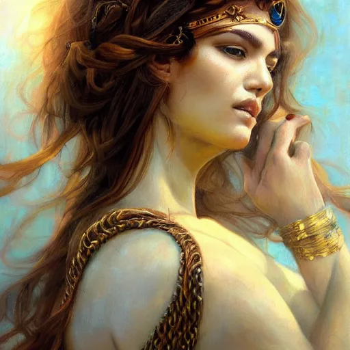 Prompt: a full shot portrait of a greek goddesses, oil painting, by ross tran and and Edgar Maxence and julie bell