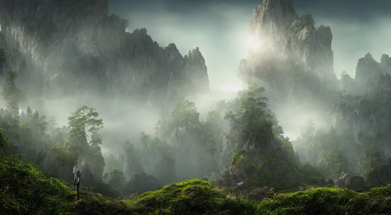 Prompt: photorealistic matte painting of mr burns of the simpsons standing far in misty overgrowth undergrowth jagged rock features volumetric fog light rays high contrast dawn