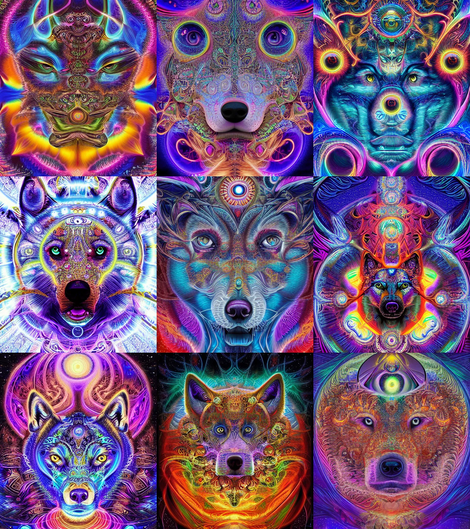 Prompt: a beautiful digital art of a intricate ornate cosmic fractal husky shaman with a glowing third eye by dan mumford and alex grey, sacred geometry, hd vibrant, hyper detailed, 3 d, ue 5, ultra fine detailed