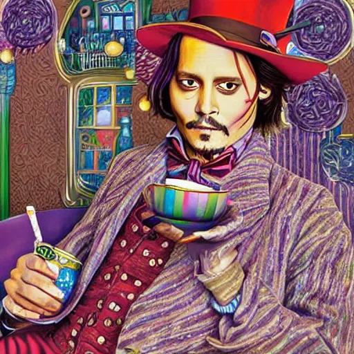 Prompt: Johnny Depp is covered in a blanket and drinking tea in Willy Wonka's Chocolate Factory, Illustration, Colorful, insanely detailed and intricate, super detailed, by Lynn Chen
