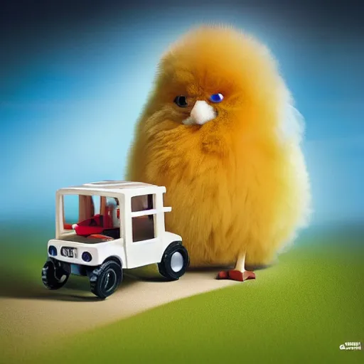 Prompt: long shot of a cute fluffy furry chick nesting in a playmobil car, by esao andrews, by m. w. kaluta, humorous illustration, hyperrealistic, tilt shift, warm colors, night scenery, low light, 3 d octane render, 4 k, volumetric lights, smooth, cosy atmosphere, conceptart, hyperdetailed, trending on deviantart