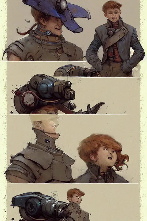 Image similar to comic page layout ( ( ( ( ( 2 0 5 0 s retro future 1 0 year boy old super scientest in space pirate mechanics costume full portrait. muted colors. ) ) ) ) ) by jean - baptiste monge!!!!!!!!!!!!!!!!!!!!!!!!!!!!!!