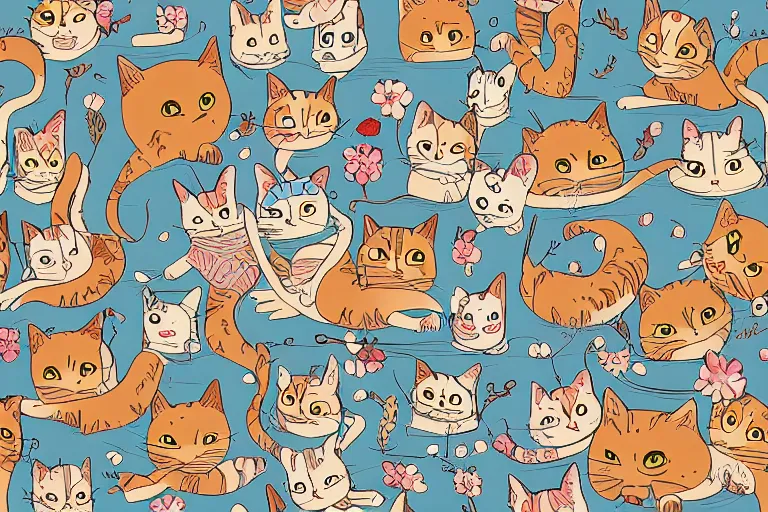 Image similar to beautiful art illustration of a group of happy cats by studio ghibli, highly detailed, seamless pattern, tiling, anime style