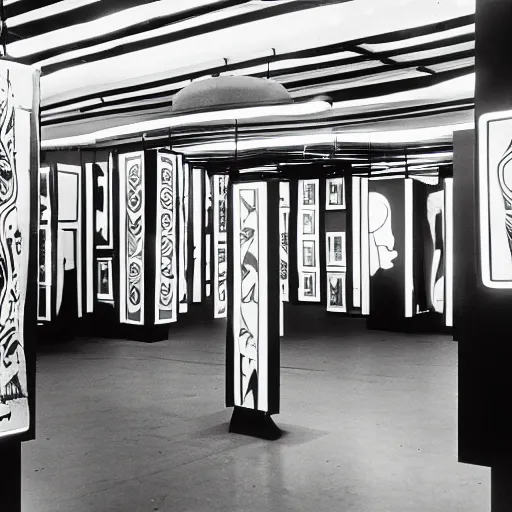 Image similar to A black and white screen print photography of gallery exhibition view from the 60s, neon light, anthropology, colonial, wild, exotic, masks, ethnography, screen printing