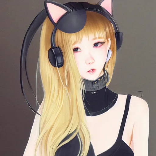 Image similar to realistic beautiful gorgeous natural cute Blackpink Lalisa Manoban blonde hair cute fur blonde cat ears, wearing camisole, wearing headphones, wearing black leather choker artwork drawn full HD 4K highest quality in artstyle by professional artists WLOP, Taejune Kim, Guweiz on Artstation Pixiv