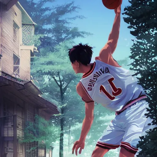 Image similar to highly detailed hanamichi sakuragi of slam dunk, in gta v, stephen bliss, unreal engine, fantasy art by greg rutkowski, loish, rhads, ferdinand knab, makoto shinkai and lois van baarle, ilya kuvshinov, rossdraws, tom bagshaw, global illumination, radiant light, detailed and intricate environment