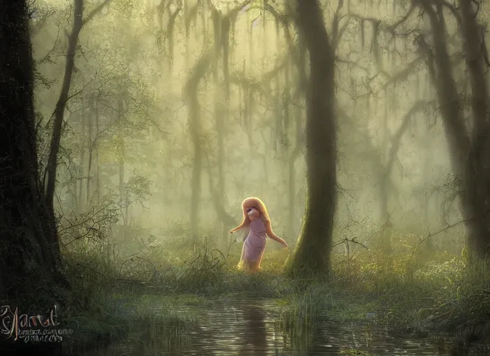 Image similar to misty swamp in early morning, hazy fog, sundown golden hour, firefly wisps, sun rays through trees, Lilia Alvarado, Sophie Anderson, Mark Arian, Bob Byerley, Charlie Bowater, Mark Brooks, Steve Henderson, Justin Gerard, Arthur Hughes, Edward Robert Hughes, Mark Keathley, Victor Nizovtsev, Carlos Shwabe, Ross Tran, WLOP