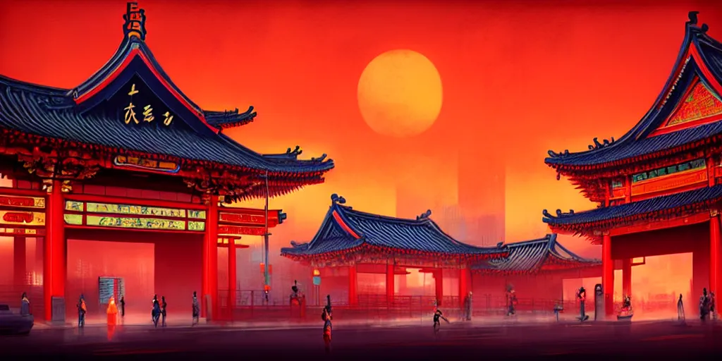 Image similar to chinese temple architecture with cyberpunk neon signs, orange sky, japanese town, cinematic view, concept art, high detail, well lit, volumetric, godrays, vivid, sunrise, trending on artstation, by jordan grimmer, art greg rutkowski