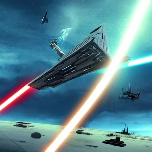 Image similar to a star destroyer being brought down by one powerful jedi, moons in the background