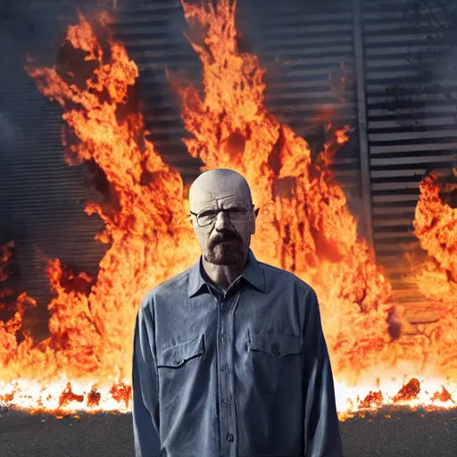 Image similar to a photo of walter white standing in front of a building on fire, highly detailed, 4 k