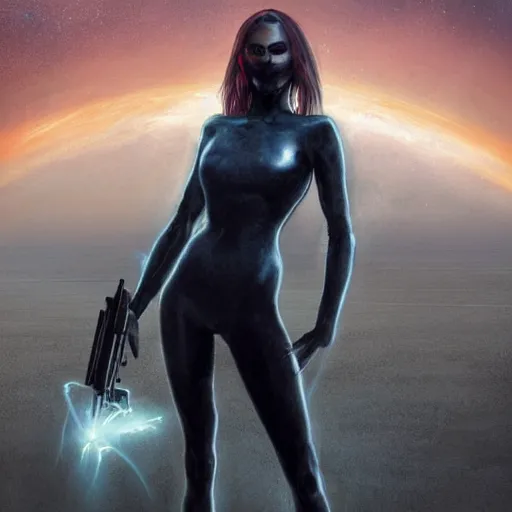 Image similar to pleiadian woman with big eyes and long silver hair wearing a dark body suit and holding a plasma gun standing in barren fields, art by greg rutkowski