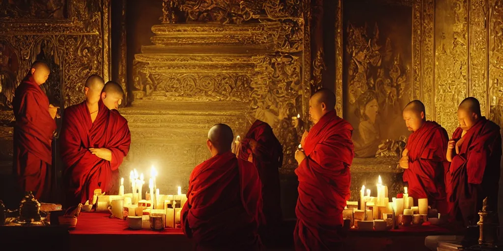 Prompt: beautiful oil matte portrait painting, tibetan monks praying to a candle - lit altar inside a tibetan temple, wonderful masterpiece highly detailed, beautiful cinematic light deep focus, elegant, digital painting, smooth, sharp focus, golden ratio, dramatic illumination, ultra realistic, 8 k, art by artemisia lomi gentileschi and caravaggio