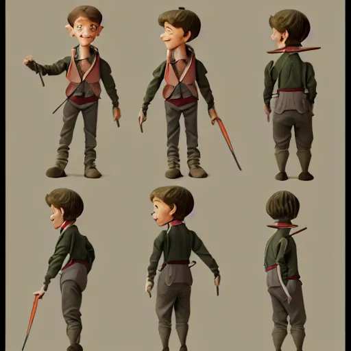 Prompt: A teen pinocchio, weta digital character model sheet turnaround, studio, trending in Artstation, official media, 4K HD, by Bill Presing and Ilya Kuvshinov and Alphonse Mucha and Artgerm and zaha hadid and santiago calatrava