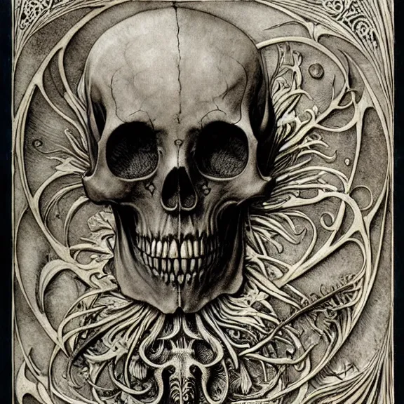 Image similar to memento mori by arthur rackham, art forms of nature by ernst haeckel, exquisitely detailed, art nouveau, gothic, ornately carved beautiful skull dominant, intricately carved antique bone, art nouveau botanicals, ornamental bone carvings, art forms of nature by ernst haeckel, horizontal symmetry, arthur rackham, ernst haeckel, symbolist, visionary