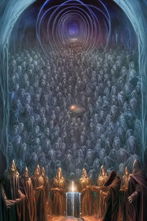 Image similar to a quantum computer surrounded by a dark cabal of hooded elven mystics with long robes gathered in a circular formation, michael whelan, dan seagrave, boris vallejo