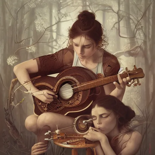 Prompt: ultra realist soft painting of folk musicians playing instruments, symmetry accurate features, very intricate details, focus, artstyle Hiraku Tanaka and Tom Bagshaw, award winning