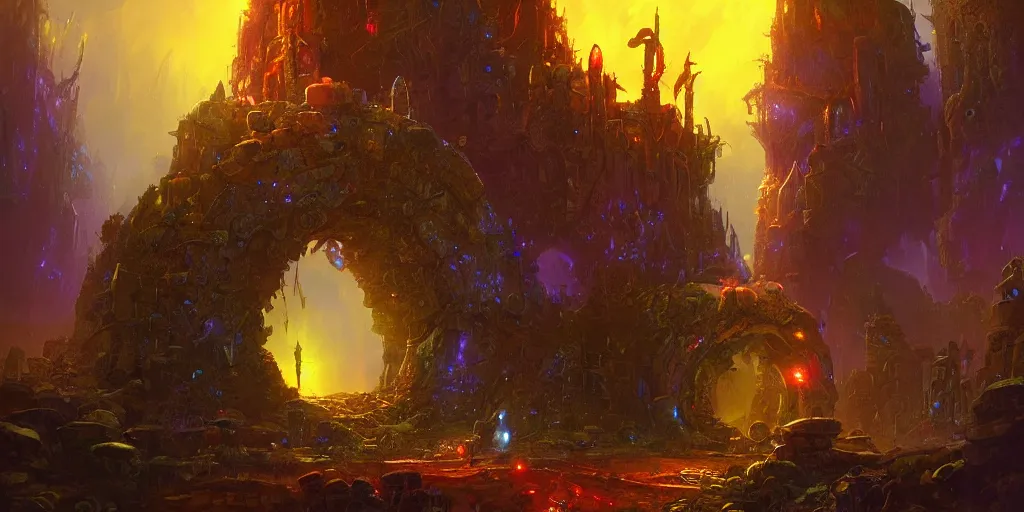 Image similar to fantasy world portal by Paul Lehr dramatic lighting, cinematic establishing shot, extremely high detail, photorealistic, cinematic lighting