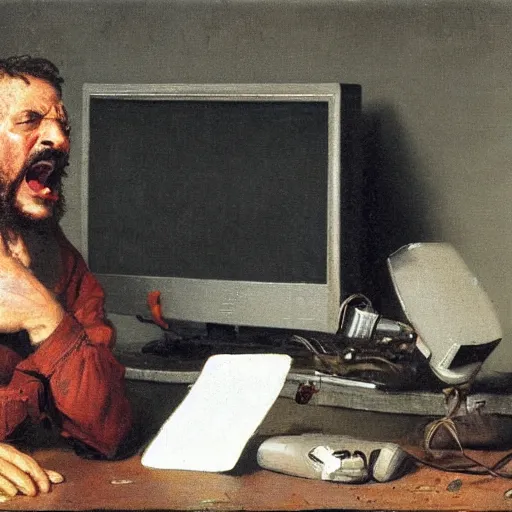 Image similar to an angry man yells at his computer monitor, oil on canvas, 1 8 8 3, highly detailed