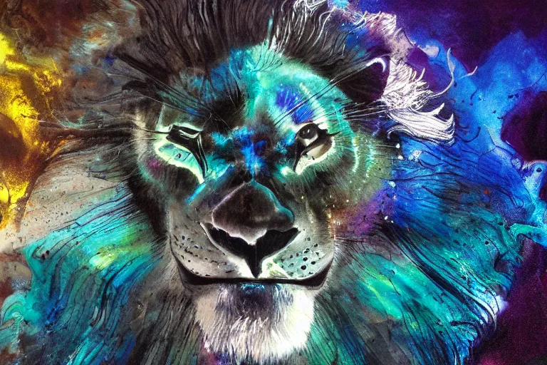 Image similar to ink acid shadow lion, painted by erol otus and david thierree and dan adkins and john berkey, trending on artstation, volumetric lighting macro view muted colors, iridescent colors, dark academia, symbolism, brushwork