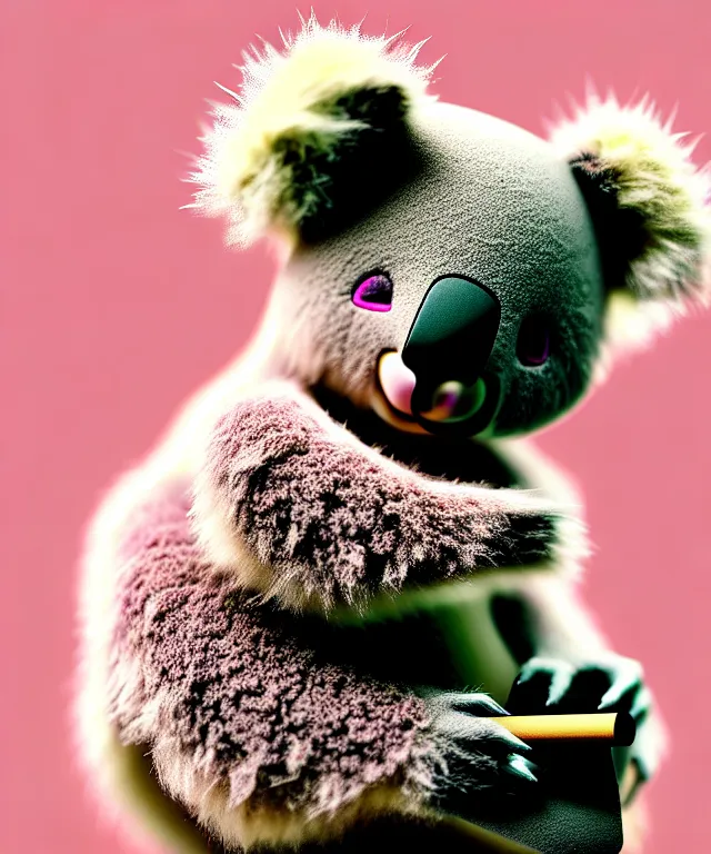 Image similar to high quality 3 d render hyperrealistic very cute small koala smoking weed, plush mascot, short spiky dense fluffy smooth hair, photo from the side, pink fluffy fur, 1 5 0 mm, beautiful natural soft light, rim light, vray, smooth background, artstation, ultra detailed