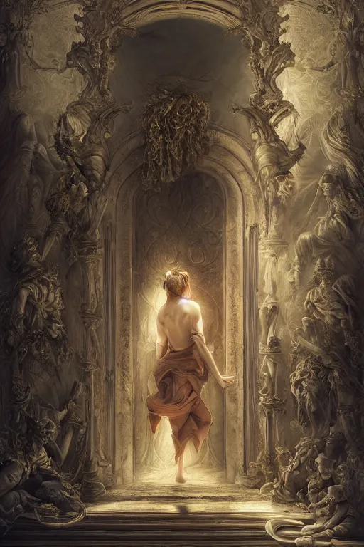 Image similar to the dweller at the threshold, dramatic, elaborate emotive Baroque and Rococo styles to emphasize beauty as a transcendental, 8k image, ultra-realistic, the style of WLOP