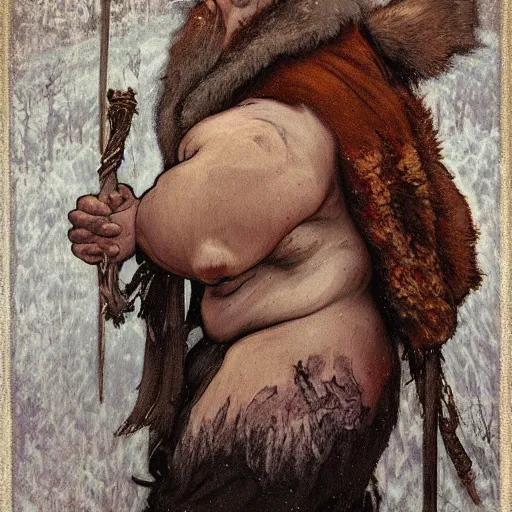 Prompt: portrait of bald, elderly Slavic Viking priest wearing thick furs and standing tall in the blizzard, with fading tattoos covering every inch of exposed skin, portrait by Anato Finnstark, Alphonse Mucha, and Greg Rutkowski