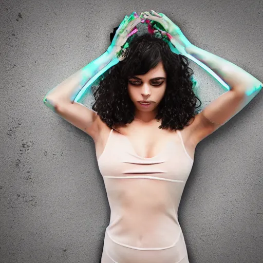 Prompt: flume_and_former_cover_art_future_bass_girl_unwrapped_statue_bust_curls_of_hair _petite_lush _body_photography_fun: weed leaves model_futuristic_material metL_simple_backgroundg vibrant