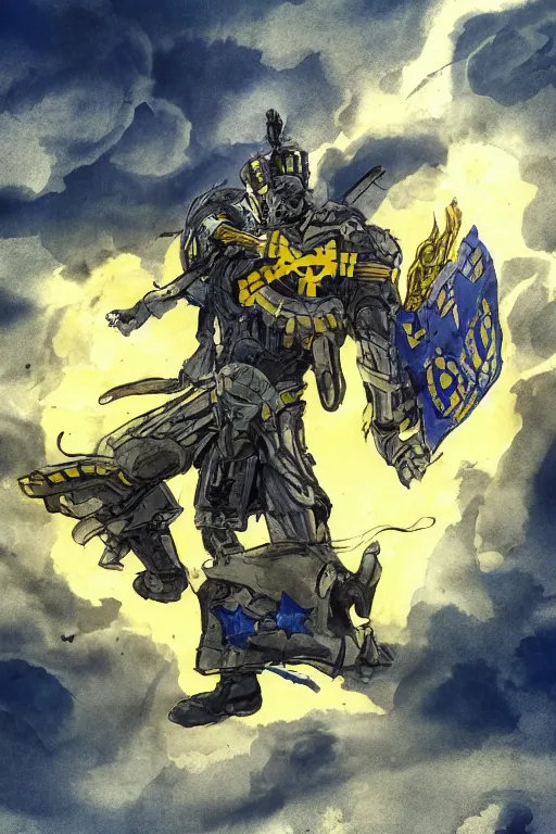 Image similar to a full body shot from distance of a super soldier with a Ukrainian blue and yellow stripes flag standing in the beam of light from the clouds on a pile of skulls and rotten cars as a winner, masculine figure, D&D, fantasy, intricate, elegant, highly detailed, digital painting, artstation, concept art, matte, sharp focus, symmetrical, illustration, hyperrealistic, art by Artgerm and Greg Rutkowski and Alphonse Mucha