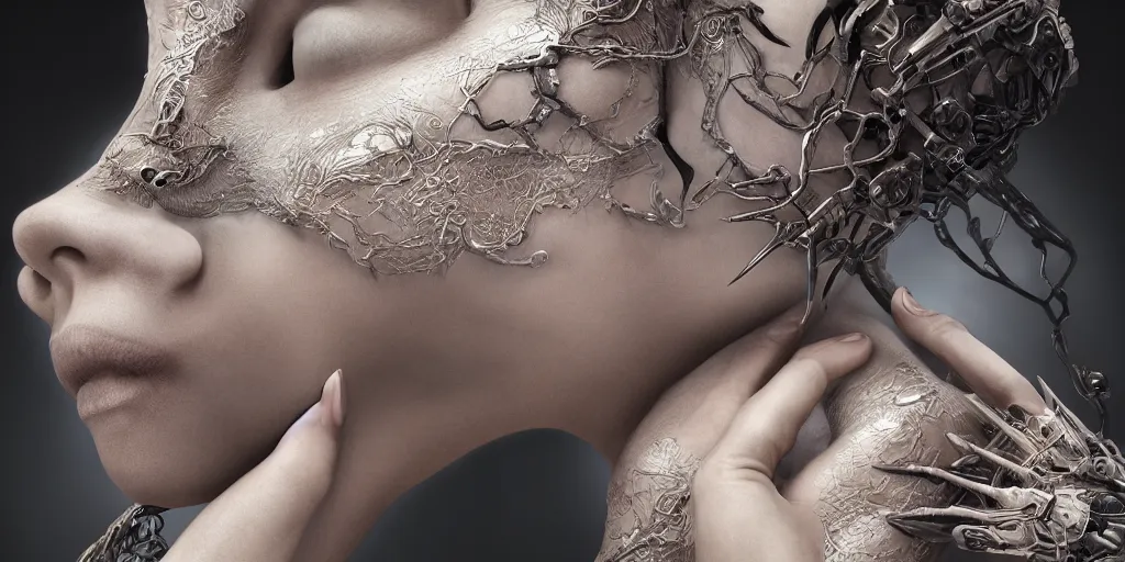 Prompt: the creation of, hyper realistic photography of a beautiful cyborg female, intimate holding close, in the style of beth cavener, jin kagetsu, wlop, highly detailed, intricate filigree, symmetry, masterpiece, concept art, highkey lighting, ambient lighting, octane render, 8 k, artstation