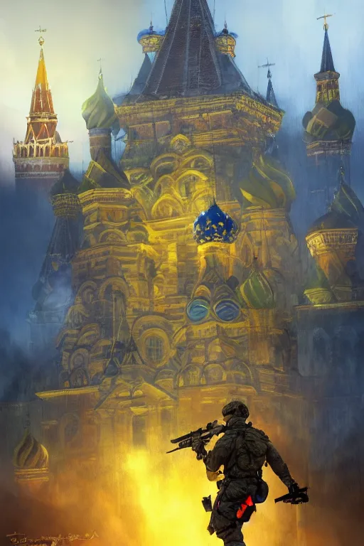 Image similar to special forces soldier installin ukrainian blue and yellow flag on red square kremlin, masculine figure, d & d, fantasy, bright atmosphere, volumetric lights, intricate, elegant, extremely detailed, digital painting, artstation, concept art, matte, smooth, sharp focus, hyper realistic, illustration, art by artgerm and greg rutkowski and alphonse mucha