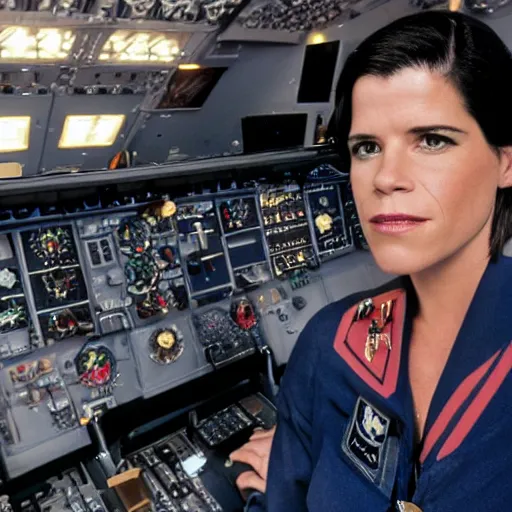 Image similar to photo of neve campbell dressed as a pilot on the flight deck of an airliner, 4 k, highly detailed.