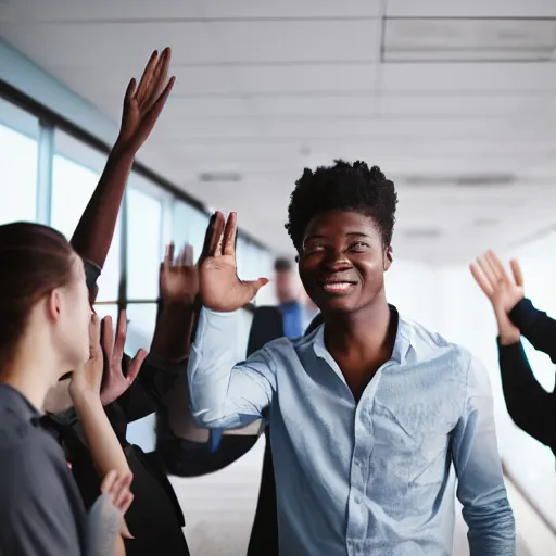 Image similar to photo of a young man waving goodbye emotionally to a group of his coworkers in office, 25mm, f8