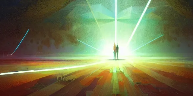 Prompt: beautiful concept art of light beams passing through multiple glowing cubes in the middle of lake baikal, atmospheric lighting, intricate, volumetric lighting, beautiful, sharp focus, ultra detailed, in the art style of marc simonetti and dan mumford, astrophotography