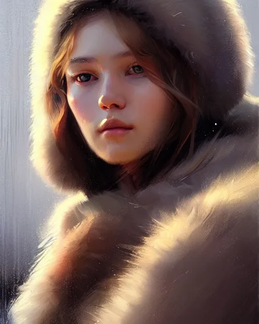 Image similar to a beautiful siberian girl with bear fur coat | | realistic shaded, unpleasant face, bad looking, fine details, realistic shaded lighting poster by greg rutkowski, magali villeneuve, artgerm, jeremy lipkin and michael garmash and rob rey