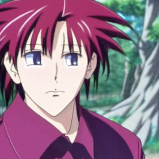 Image similar to a still of a 90s OVA anime of a man with black hair wearing a red shirt in a forest