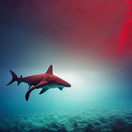 Prompt: cute hammerhead shark swimming in red ocean, digital art, hyperreal, wide angle, 8k, unreal engine, sharp focus, HDR, post processing, dramatic lighting, vivid colors