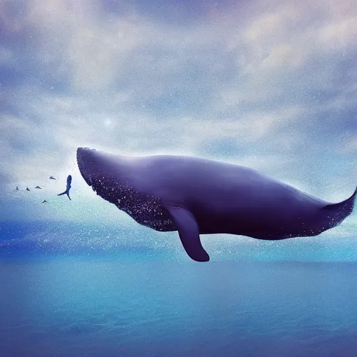 Image similar to photomanipulation of a huge whale that has tiny fairy wings