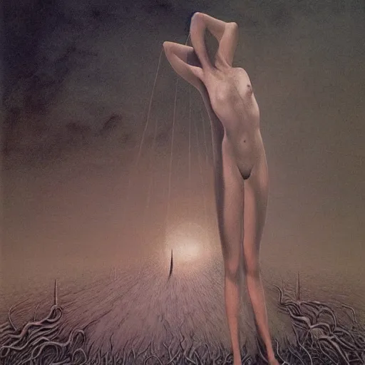 Image similar to Zdzisław Beksiński by Gerald Brom, landscape humans horror