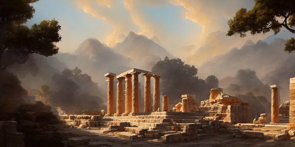 Image similar to an ancient greek city, extremely detailed digital painting, in the style of fenghua zhong and ruan jia and jeremy lipking and peter mohrbacher, mystical colors, rim light, beautiful lighting, 8 k, stunning scene, raytracing, octane, trending on artstation