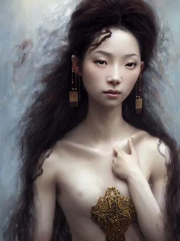 Image similar to beautiful portrait of a Chinese-French mixed race female wearing fantasy minority costume, ivory skin, dark brown long hair, dark brown eyes, ,intricate, elegant, highly detailed, dim volumetric lighting, abstract, 8k,octane,post-processing,digital painting, trending on artstation, concept art, smooth, sharp focus, illustration,by Tom Bagshaw and Daniel Gerhartz and Albert Aublet and Lawrence Alma-Tadema