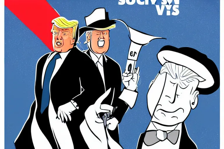 Image similar to 2 d poster illlustration donald trump and donald trump wearing trenchcoats and black spy hats for the movie spy vs spy