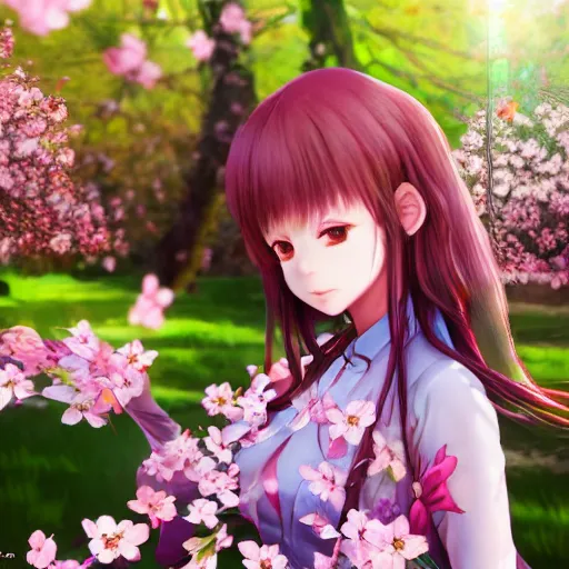 Image similar to 3d rendered anime girl with cherry blossoms as clothing in a flower garden, fantasy art, hyper realistic, detailed, ultra detailed, dynamic lighting, fantasy concept art