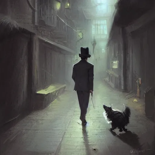 Image similar to detective yorkshire terrier wearing a fedora, in a dark alley, Greg Rutkowski, art station