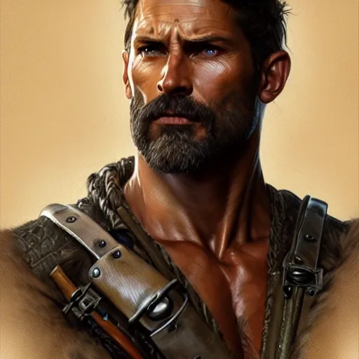 Prompt: portrait of a rugged ranger, handsome, muscular thighs, 40 years old, D&D, fantasy, intricate, elegant, highly detailed, digital painting, artstation, concept art, matte, sharp focus, illustration, art by Artgerm and Greg Rutkowski and Alphonse Mucha