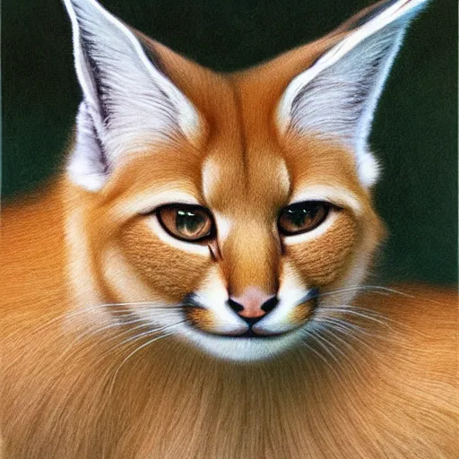 Image similar to fullbody portrait of cute fluffy caracal, wearing laurel wreath on his head, illustration, high detail, francine van hove