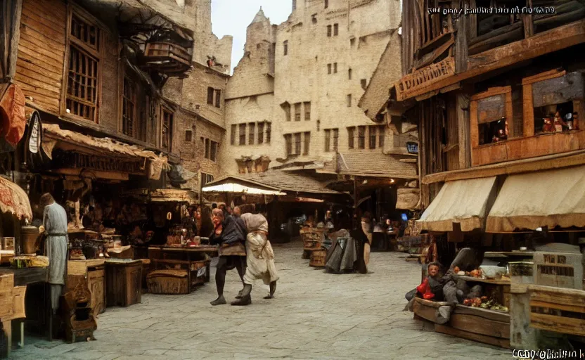 Image similar to movie still exterior of a medieval marketplace under attack by goblins, by David Bailey, Cinestill 800t 50mm eastmancolor, heavy grainy picture, very detailed, high quality, 4k, HD criterion, precise texture and facial expression