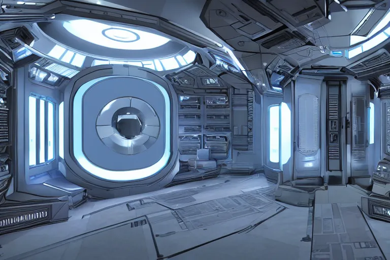 Image similar to futuristic tardis interior stylized like portal 2