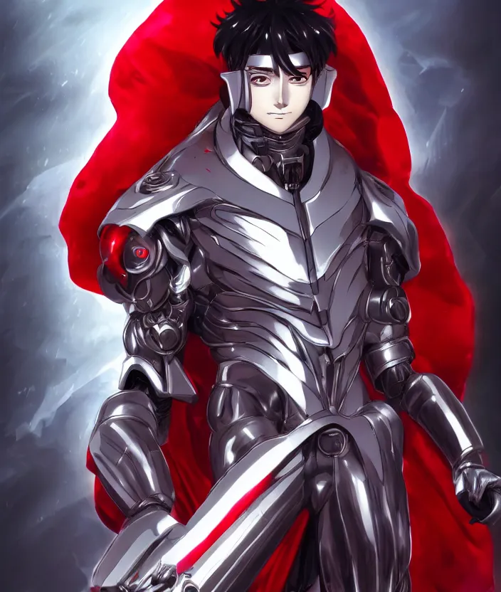 Image similar to a detailed manga character illustration of a dark haired silver cyborg anime man with a red cape, trending on artstation, digital art, 4 k resolution, detailed, octane render, high quality, sharp focus, hq artwork, insane detail, concept art, character concept, character illustration, full body illustration, cinematic, dramatic lighting